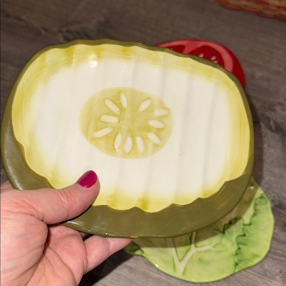 Veggies Plate Set Pickle Onion Lettuce Tomato Porcelain Boston Decor 7” Dia - Picture 13 of 16